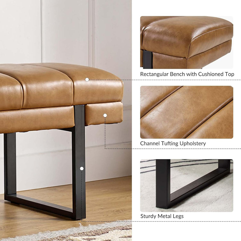 HULALA HOME 53" Faux Leather Tufted Entryway Bench, Camel