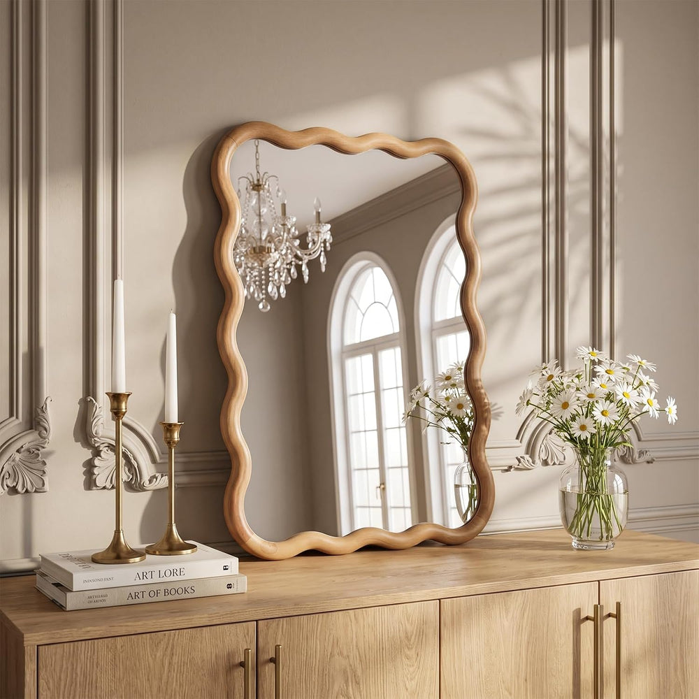 WallBeyond 22"x30" Wavy Wood Mirror, Wood Wall Mount Mirror with De...