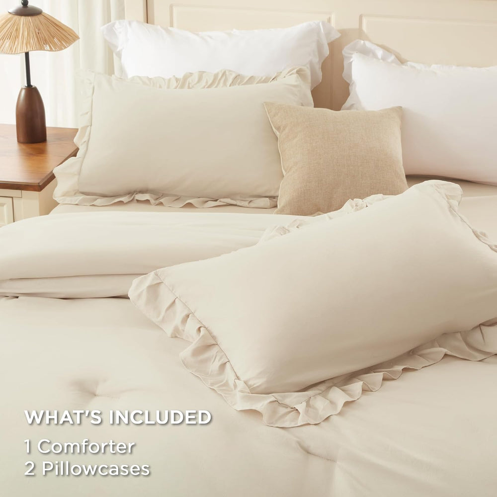 Andency Beige Ruffle Comforter Set King, 3 Pieces Solid Bedding