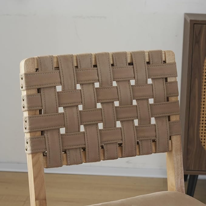 VINGLI Khaki Woven Wooden Dining Chairs Set of 4,Armless Mid Century Modern D...