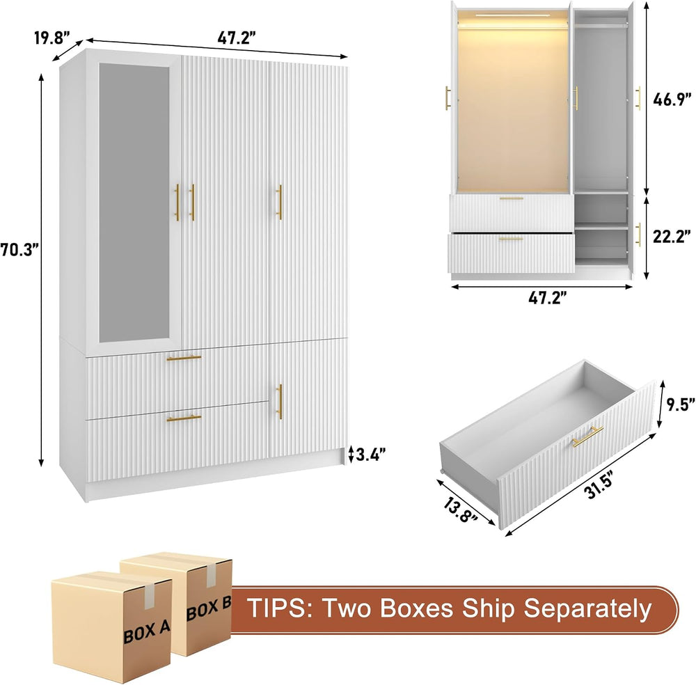 Fluted Style 3 Doors Wardrobe Closet Armoire with Mirrors and LED Lights, 70....
