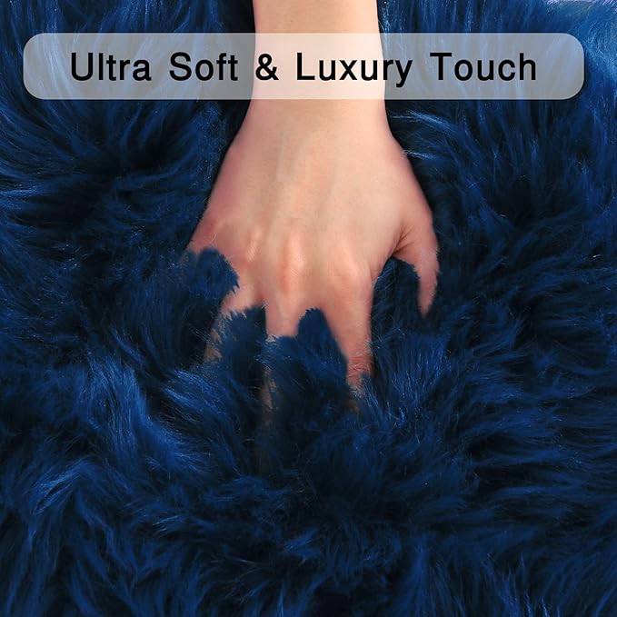 duduta Navy Blue Faux Sheepskin Fur Rug 3x5 ft, Fluffy Shag Bedroom Dorm - Image 4