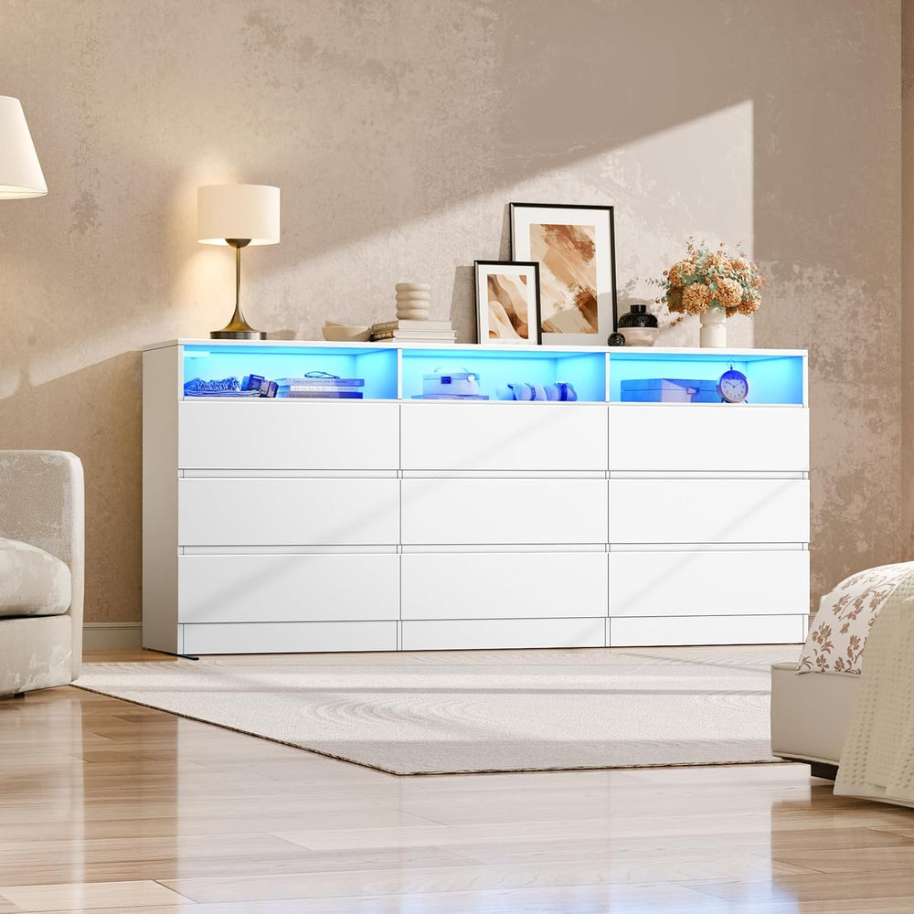 STIKELY 9 Drawer Dresser for Bedroom with Power Outlet and LED Light,