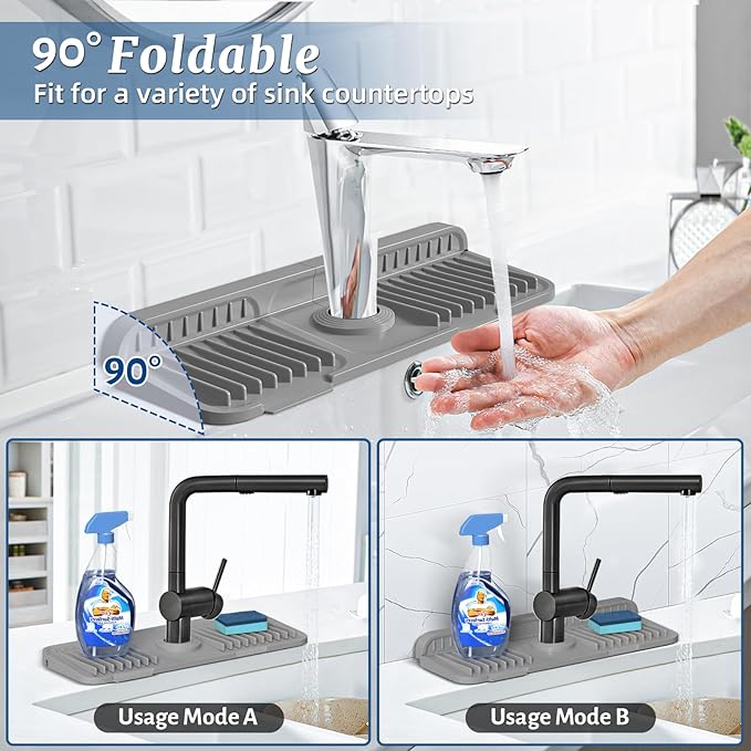 PoYang 14.6 inch Faucet Mat for Kitchen Sink Splash Guard, 7° Slope Silicone - Image 2