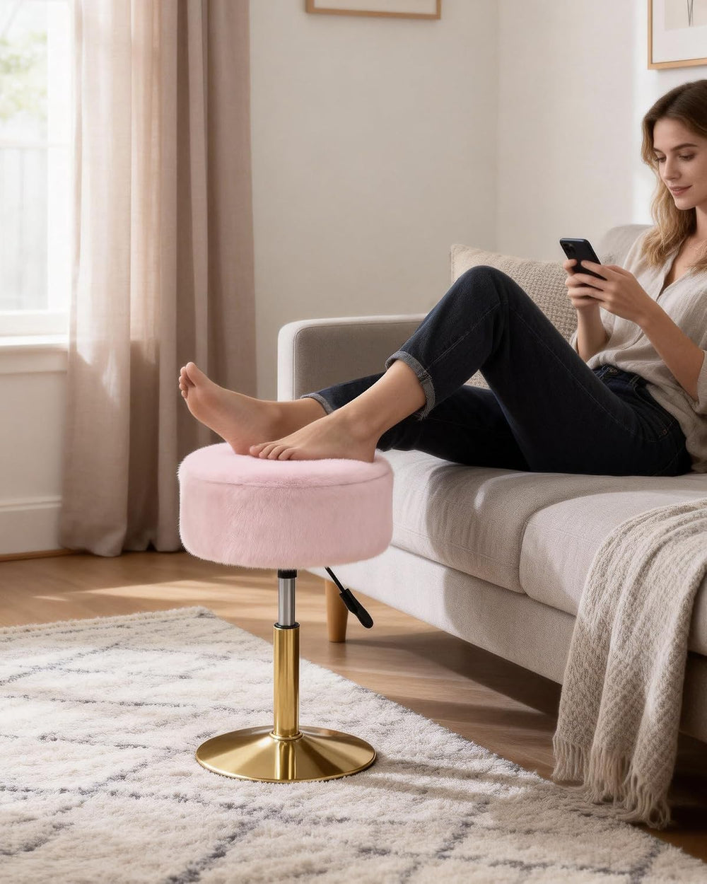 LITZFUR Gold Vanity Stool with Storage, Swivel Vanity Chair, Pink