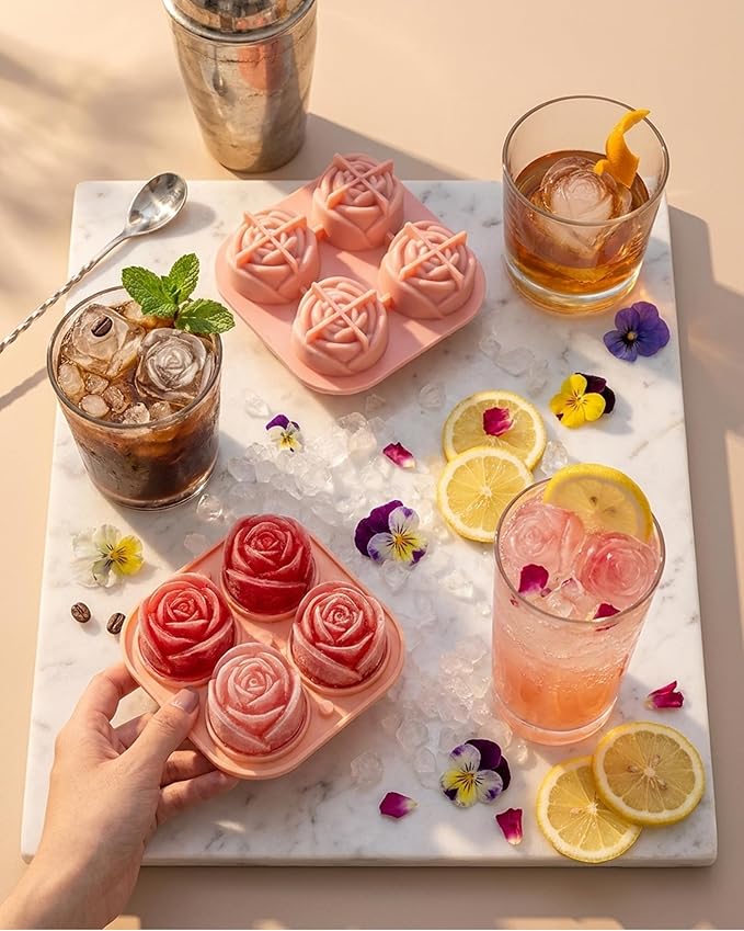 Rose Ice Cube Tray, 4 Cavity 3D Flower Shaped Silicone Ice Mold - Image 6