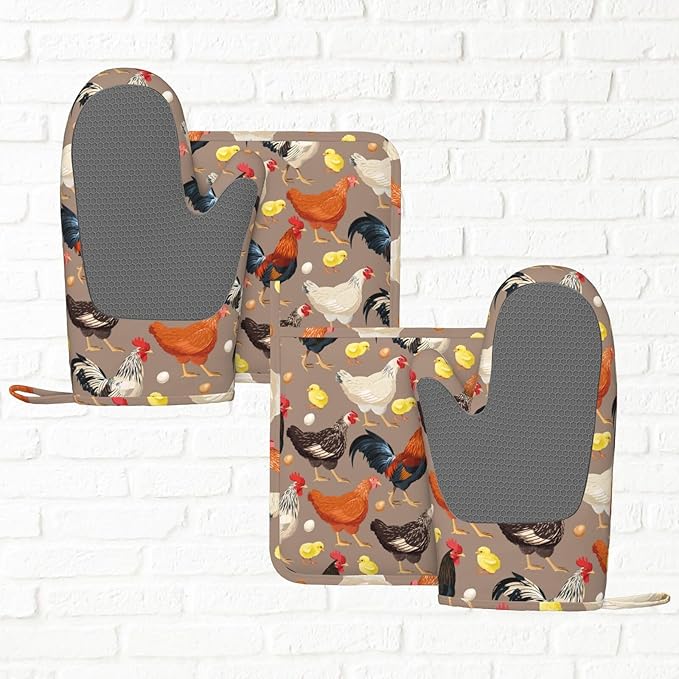 Fun Hen Chicken Rooster Oven Mitts and Pot Holders Set of 4 Silicone Heat - Image 5
