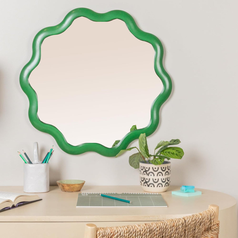 Creative Co-Op Scalloped Wood Wavy Wall Mirror, Green