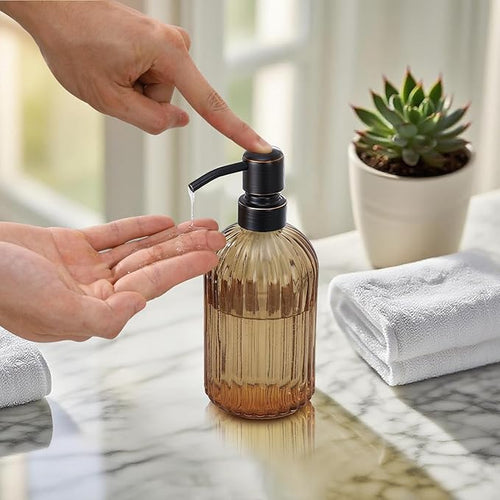 16 OZ Amber Glass Soap Dispenser, Amber Stripe Bathroom Hand Soap Dispensers - Image 2