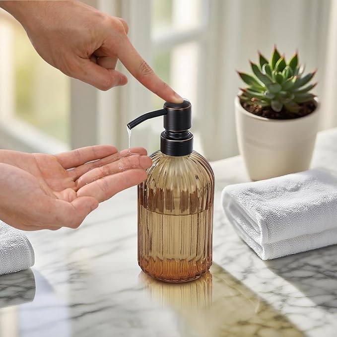 16 OZ Amber Glass Soap Dispenser, Amber Stripe Bathroom Hand Soap Dispensers - Image 3