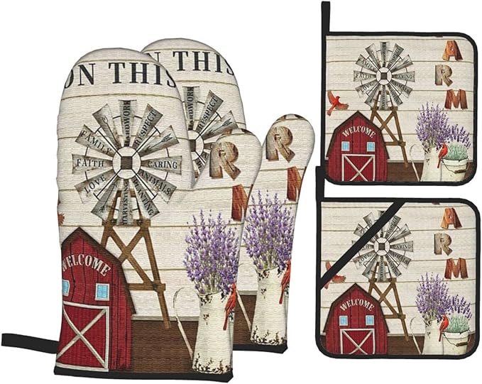 Oven Mitts and Pot Holders Sets of 4, Farmhouse Windmill and Barn House by DONMYER