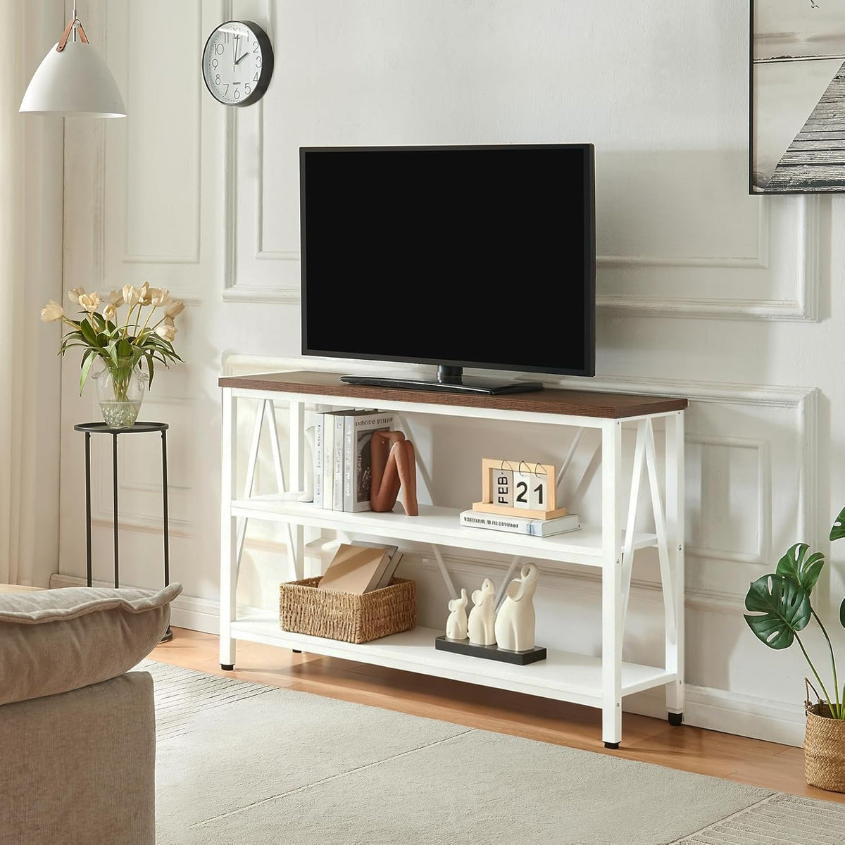 HOMISSUE Entryway Console Table, Rustic Console Tables with Wide Storage, Industrial Foyer for Entry with 3-Tier Open Shelves, White, 47 Inch