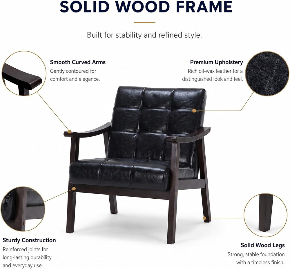 Mid Century Modern Faux Leather Accent Chair, Lounge Chair Indoor Comfy Uphol...