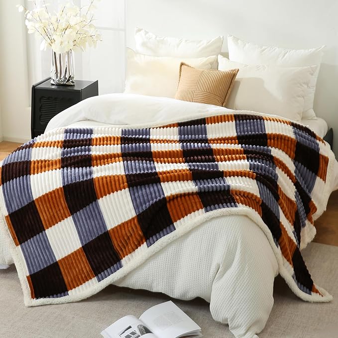 PU MEI Sherpa Blanket Twin Plaid Thick Bed Blanket, 60”*80” Super Soft Flannel - Image 6