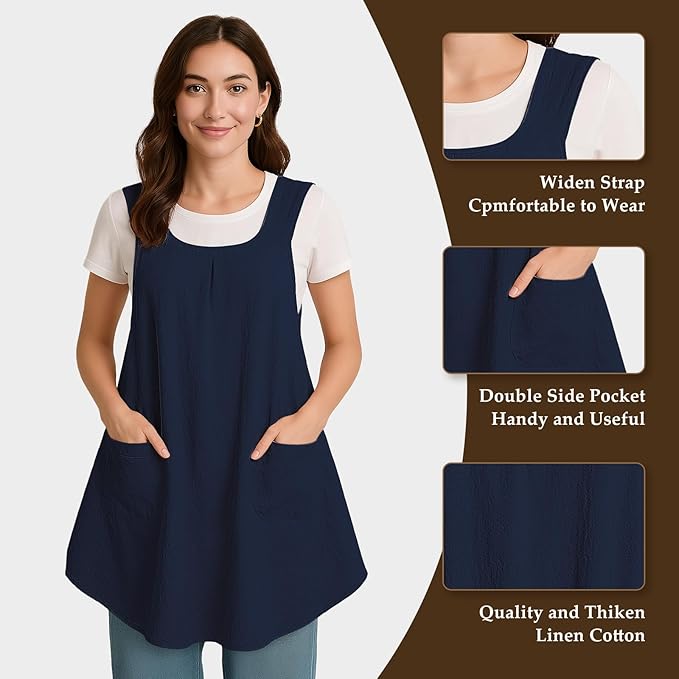 Apron for Women with Pocket Cotton Linen, Japanese Cross Back Apron for - Image 4