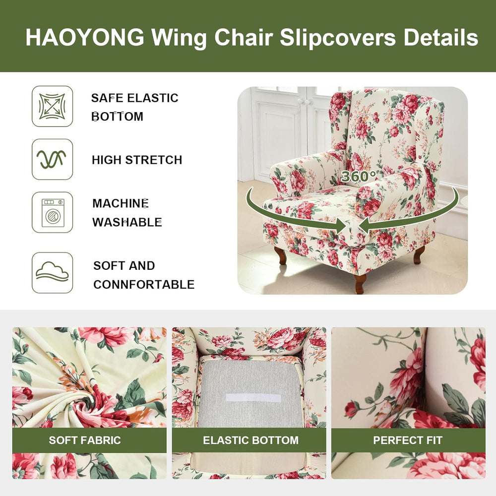 HAOYONG Wing Chair Slipcovers Stretch Wingback Chair Covers Printed 2 Pieces ...