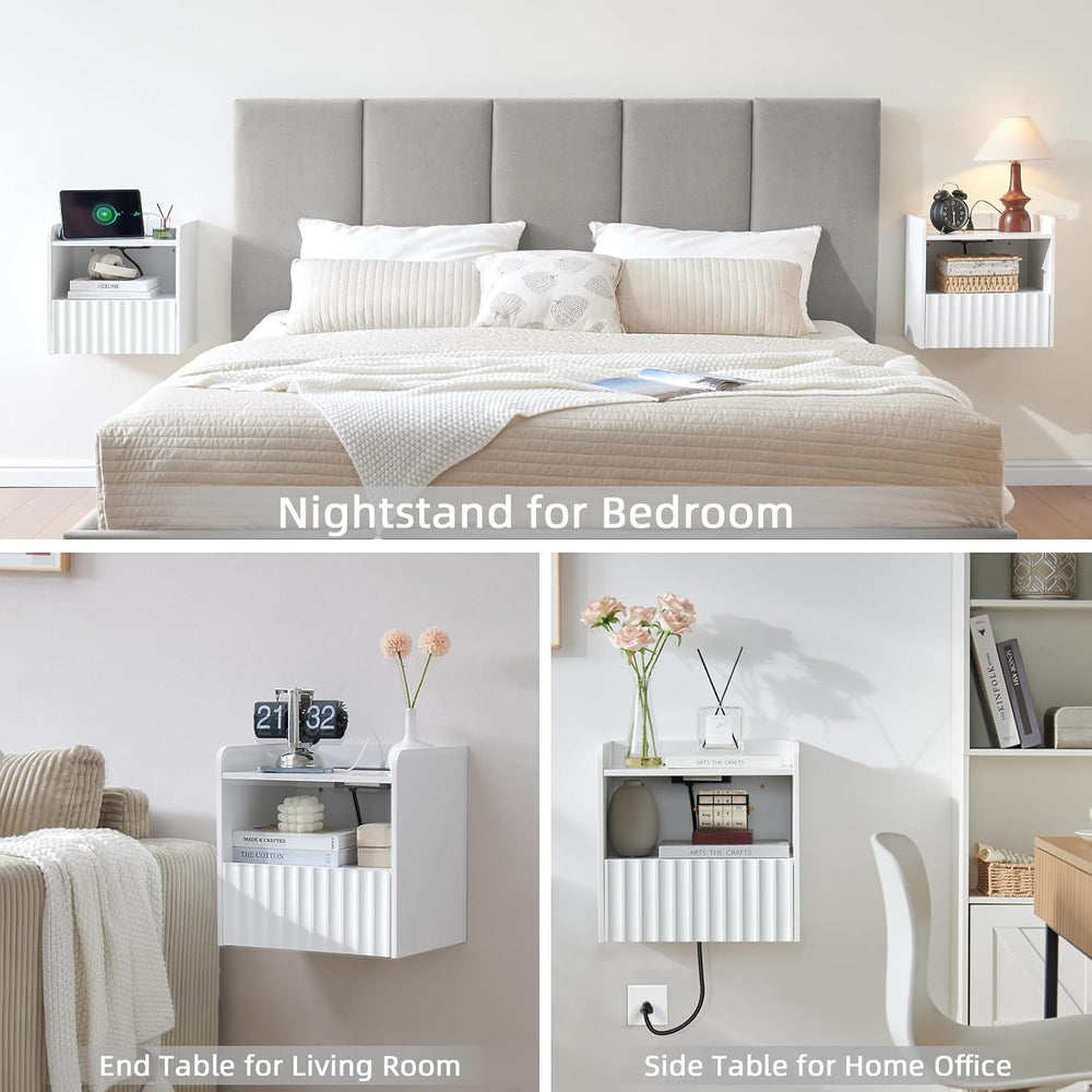 Modern Fluted Floating Nightstand Wall Mounted Set of 2- Bedside Table with S...