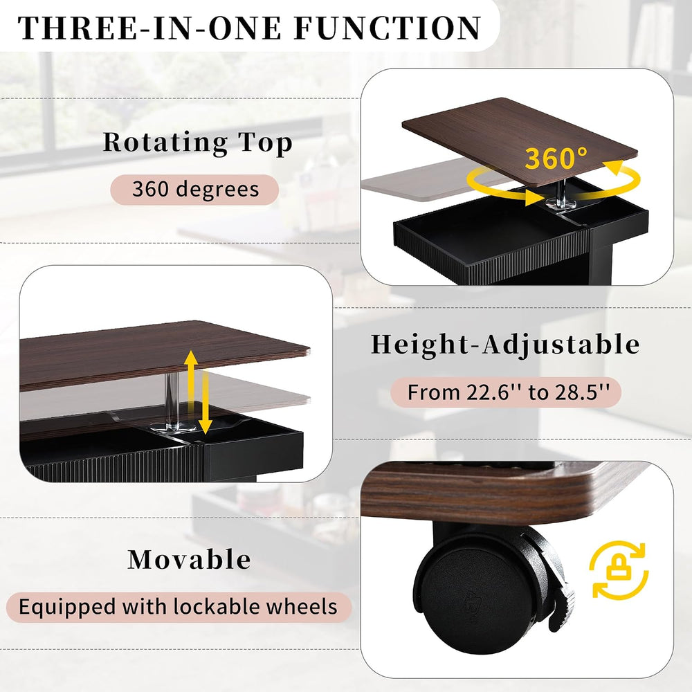 Modern Adjustable End Table with Wheels, 360° Rotating and Adjustable Lift-To...