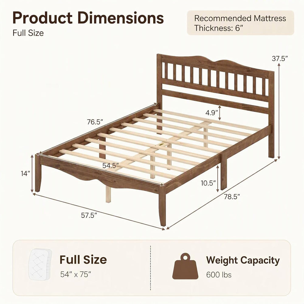 KOMFOTT Full Size Bed Frame, Farmhouse Wooden Bed with Slatted Headboard