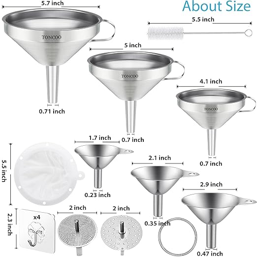 Toncoo 6 Pack Stainless Steel Funnels - Image 2