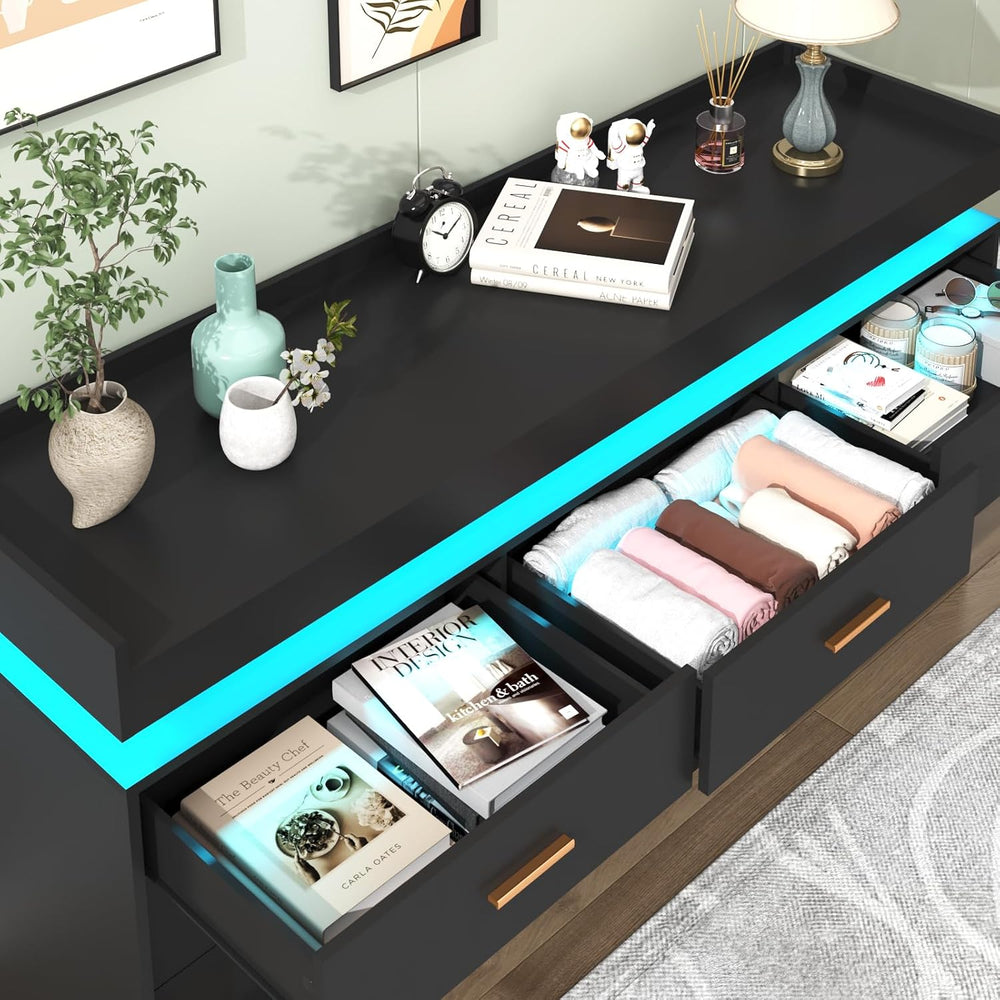 9 Drawer Dresser with LED Light and Charging Station, Modern Chest of Drawers...