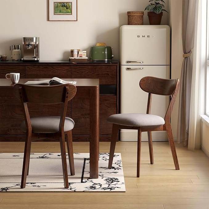 100% Solid Oak Dining Chairs, Mid Century Modern Dining Chair with Curved Backrest, Fabric Upholstered Dining Chairs for Kitchen, Study, Living Room (1, Walnut Wood-Gray Cushion)