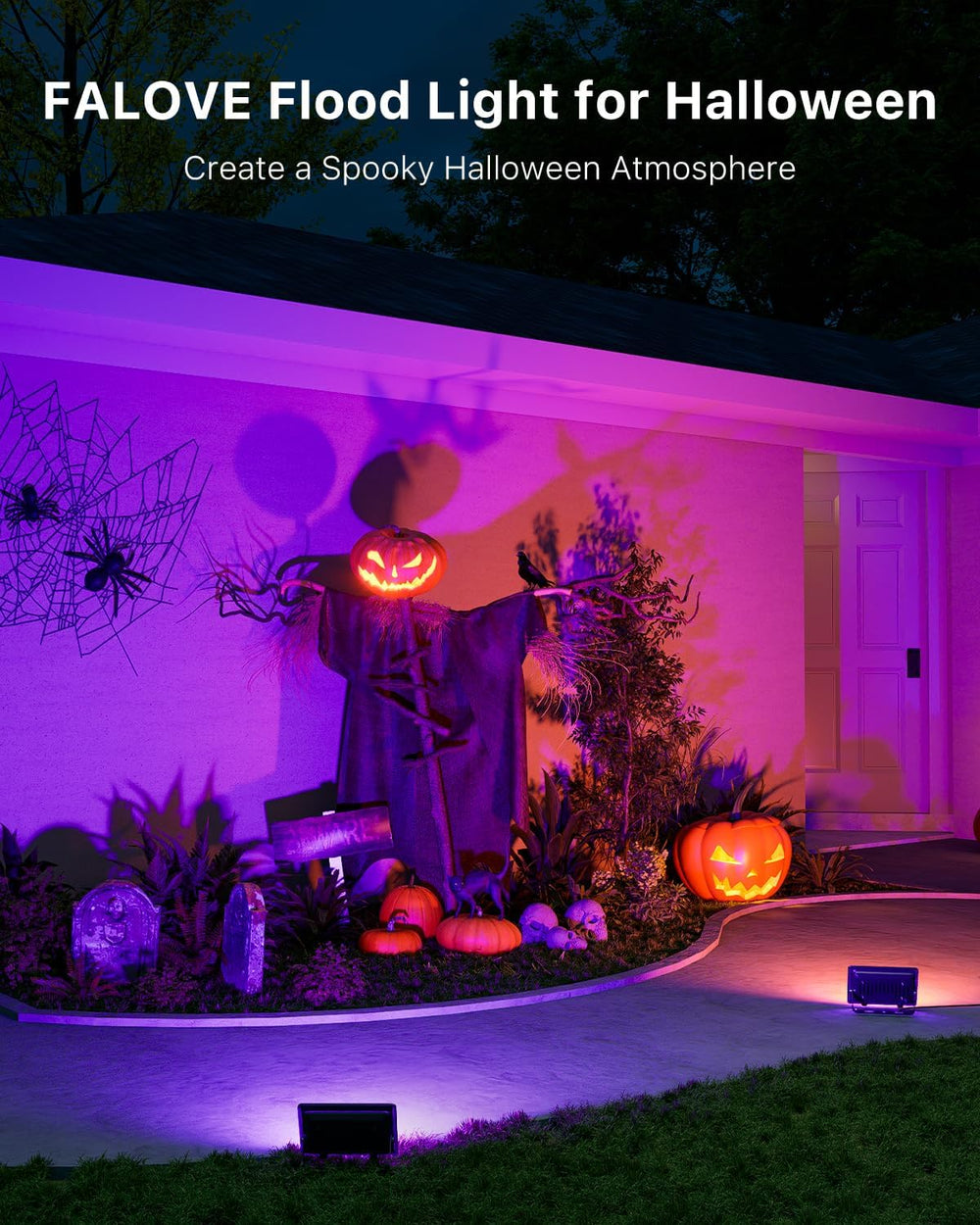 FALOVE 2 Pack Outdoor RGBW Flood Lights by Dual Remote for Halloween Decor