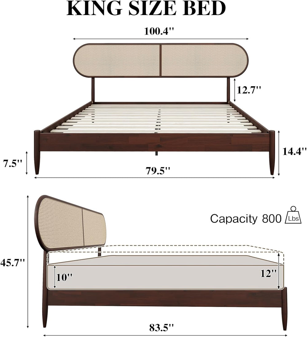 King Bed Frame with Rattan Headboard, Solid Wood Foundation with 12-Slat Wood...