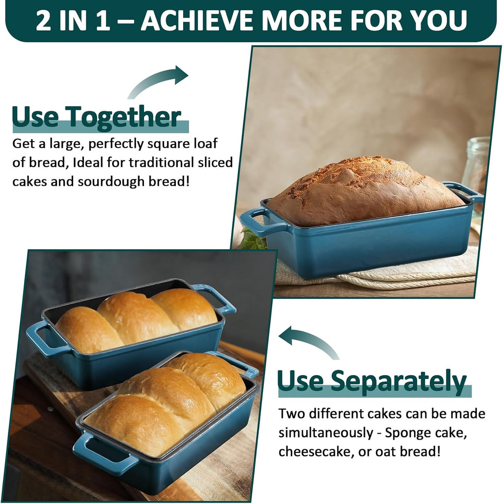 Leonyo Enamel Cast Iron Bread Pan, 9"x5" Loaf Pan with Lid, Blackish Green | 2-in-1 Dutch Oven for Pound Cake, Lasagna, Oven Safe & Heat Up to 500℉