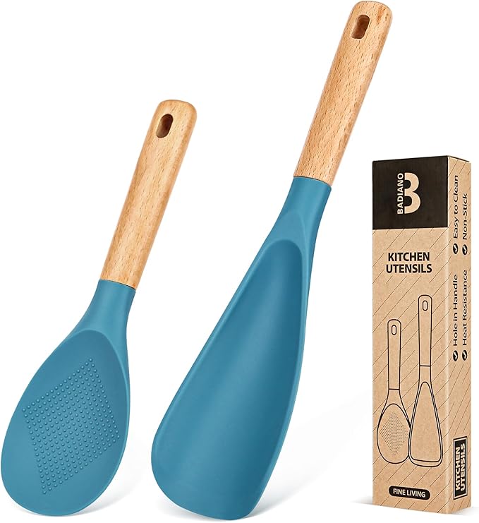Cooking Spoon and Rice Scooper for Nonstick Cookwares, Wood Handle Spoon for by BADIANO