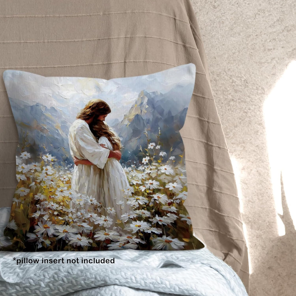 Christian Jesus Throw Pillow Covers Gifts 18x18, Jesus Hugging Woman Girl Decor Pillow Cases for Bedroom Living Room, Religious Cottagecore Decorative Square Pillowcases for Couch Bed Sofa