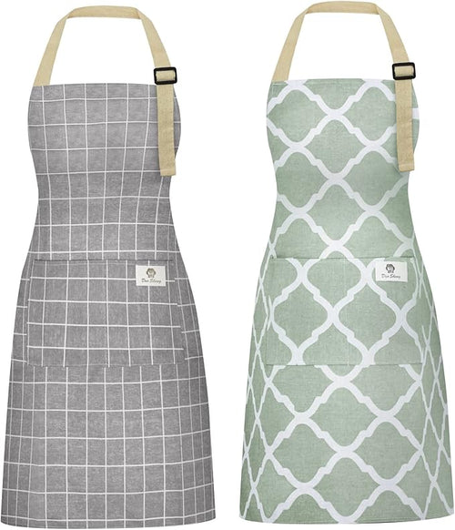 2 Pieces Aprons for Women with Pockets, Cotton Linen Waterproof Kitchen Cooking by Riqiaqia