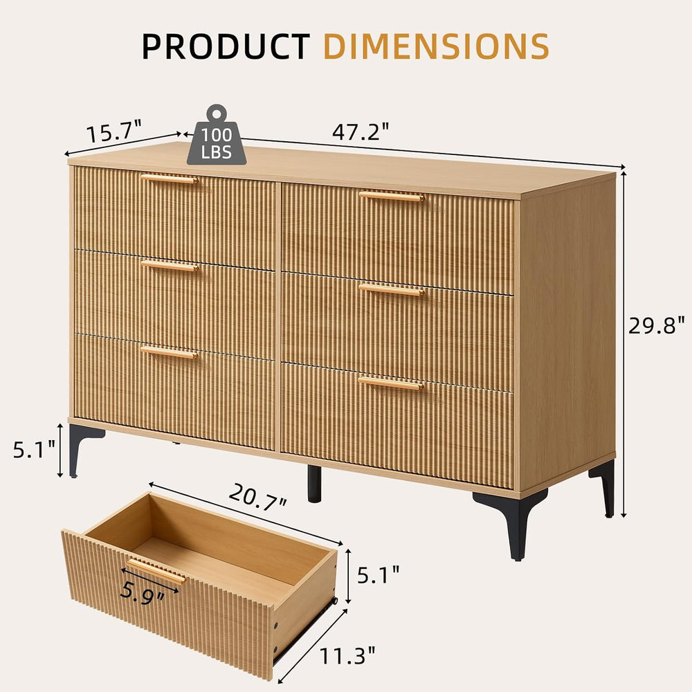 3 Pieces Dresser Bedroom Set, 6 Drawer Dresser & 3 Drawer Nightstand of 2