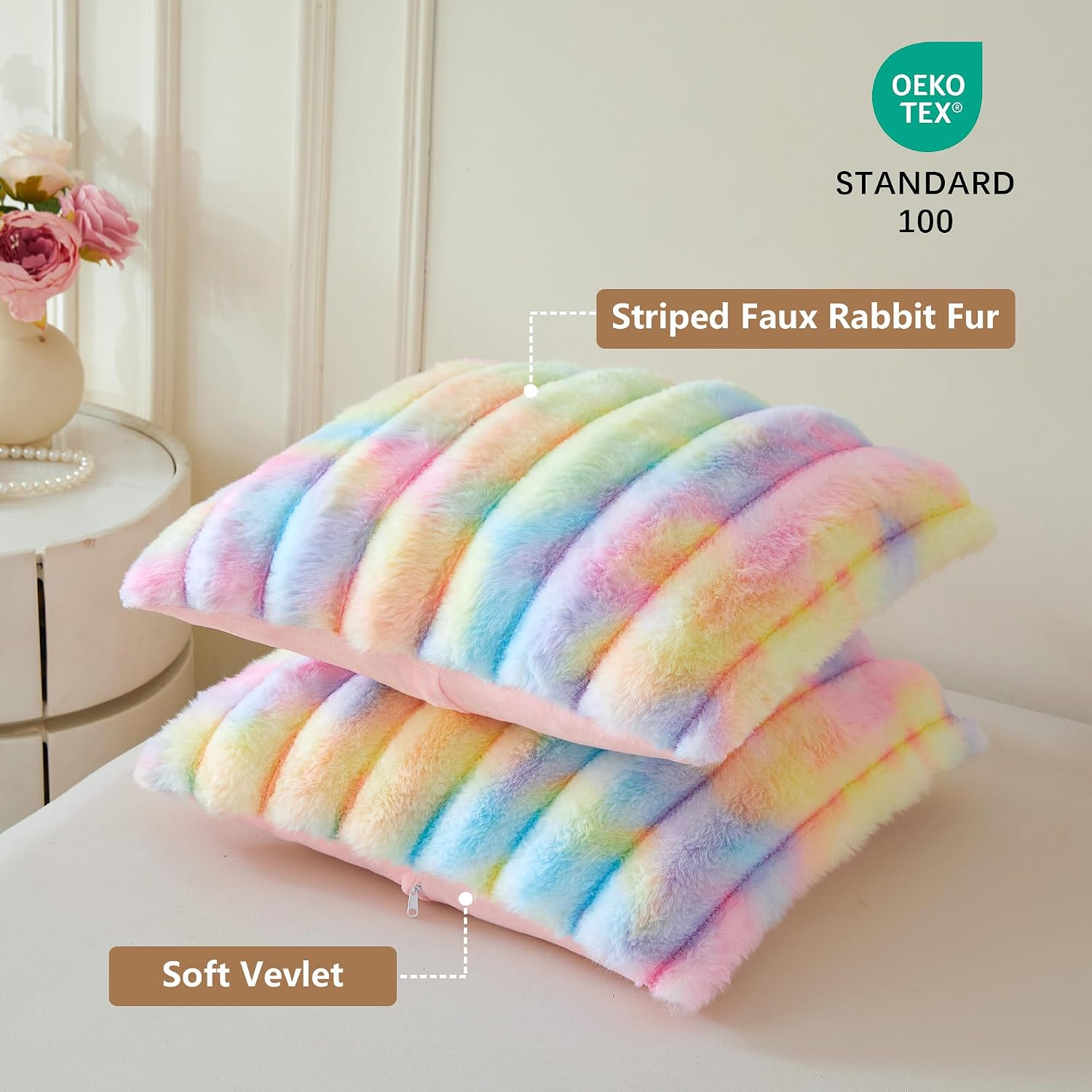 MEGO Faux Rabbit Fur Ribbed Throw Pillow Covers 18x18 Set of 2, Rainbow | Fluffy Striped Square Cushion Covers with Zipper, Tie Dye Furry Washable Pillow Shams, Home Decor for Bed Sofa Chair Office