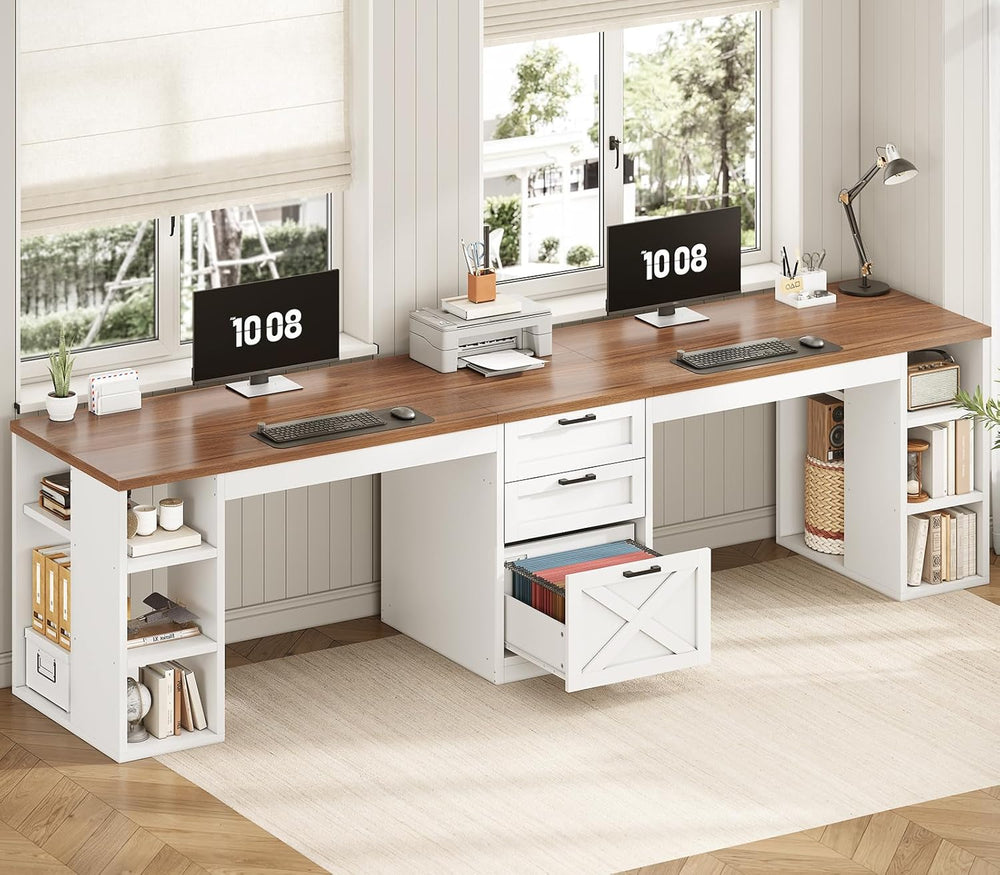 SEDETA Farmhouse 96.5" Computer Desk with Drawers, 2 Person Home Office ...