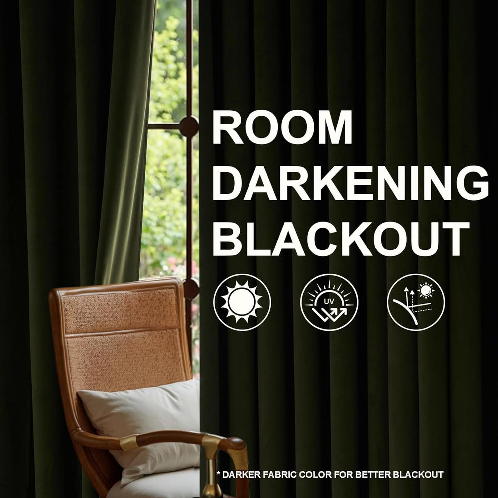 Olive Green Velvet Blackout Curtains 84 Inches 2 Panels Forest Green Elegant ...