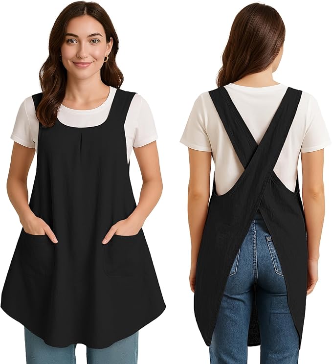 Apron for Women with Pocket Cotton Linen, Japanese Cross Back Apron for by ROLOSI
