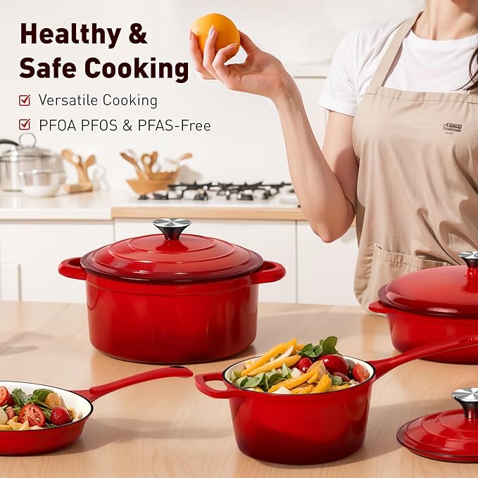 DishDelight Enameled Cast Iron Cookware Set, 7 Piece Induction Dutch Oven Set