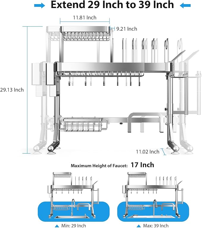 Over Sink Dish Drying Rack, Upgrade 2.5-Tier 304 Stainless Steel Dish Rack - Image 2