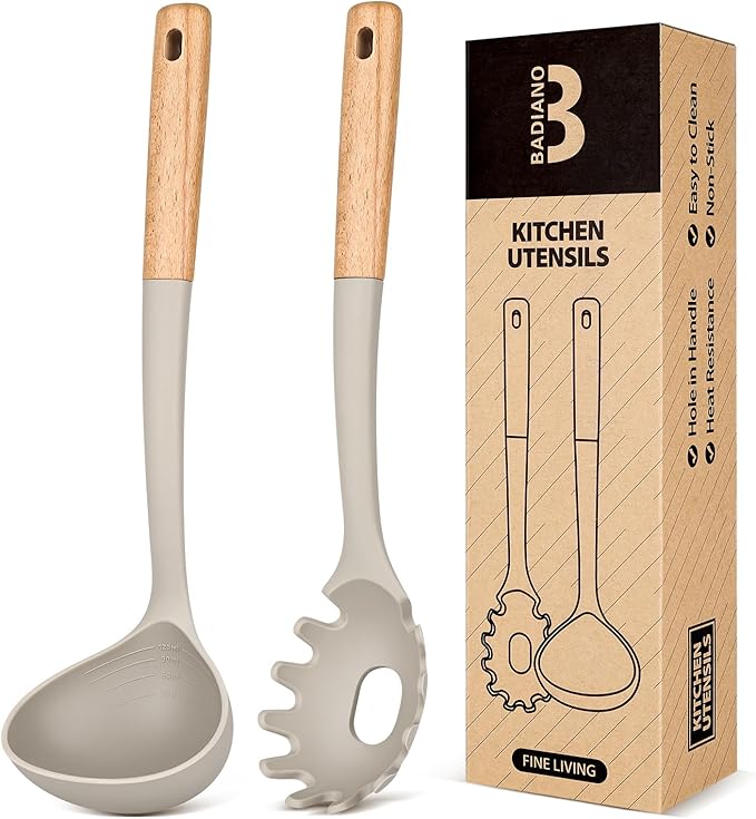Pasta Fork and Ladle Set, and Sauce Pasta, BPA-Free Matte Silicone, Wood Handle by BADIANO