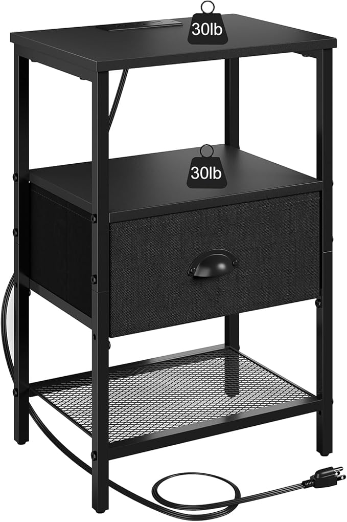 Sthmec Nightstands with Charging Station, LED Bedside Tables with Charging St...