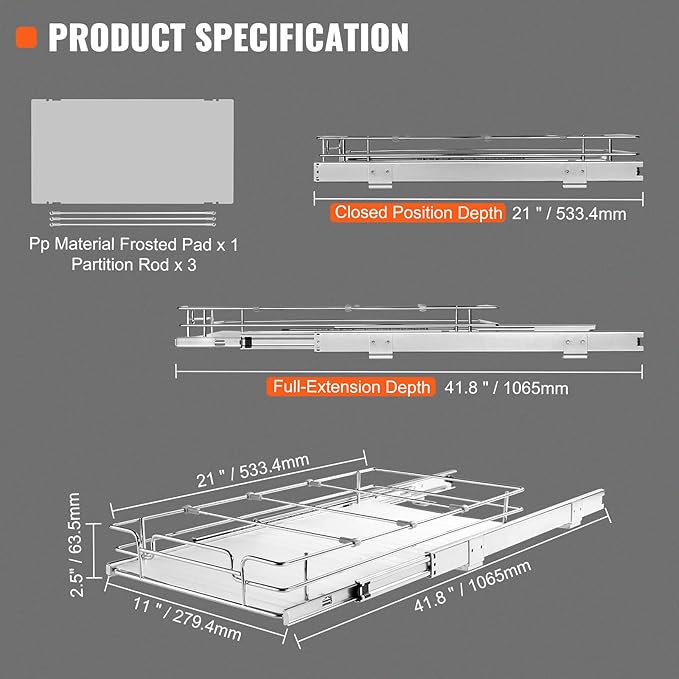 VEVOR 12.5"Wx21"Dx3.5"H Pull Out Cabinet Organizer, Heavy Duty Slide Out Pantry - Image 7