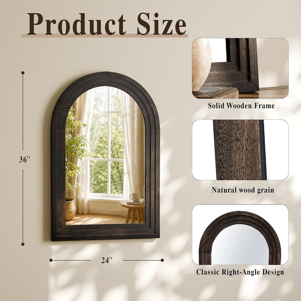 Arched Wall Mirror 24" x 36", Solid Wood Frame Bathroom Mirror, Walnut