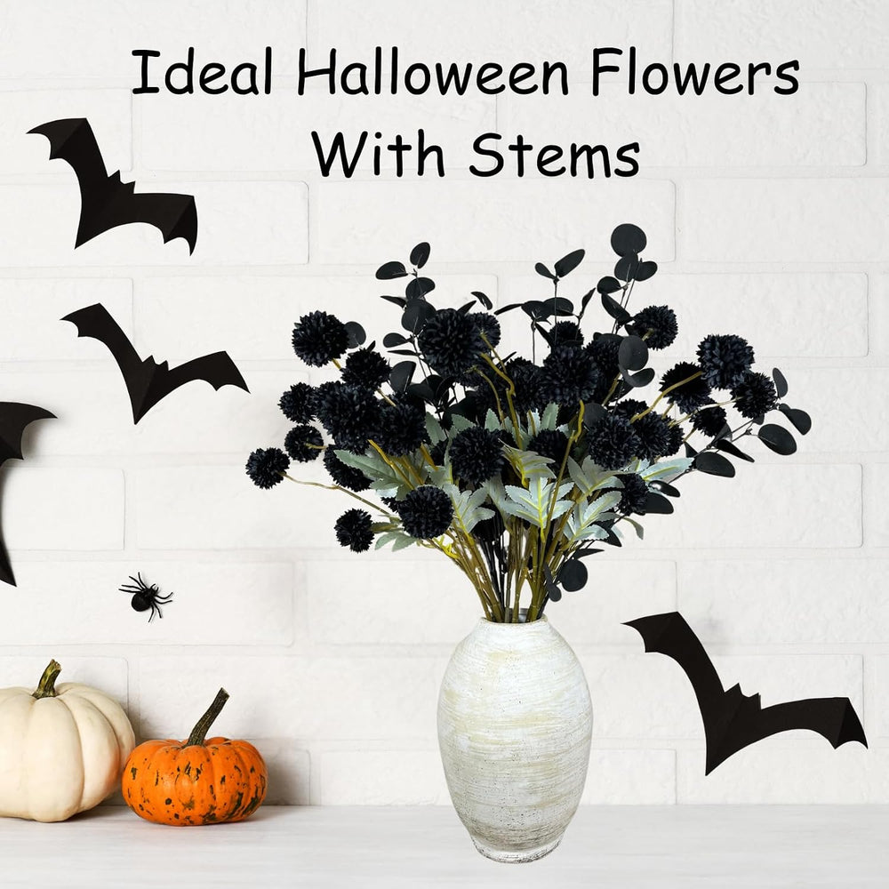 12 Black Artificial Flowers & Eucalyptus Long Stems, Halloween Decor