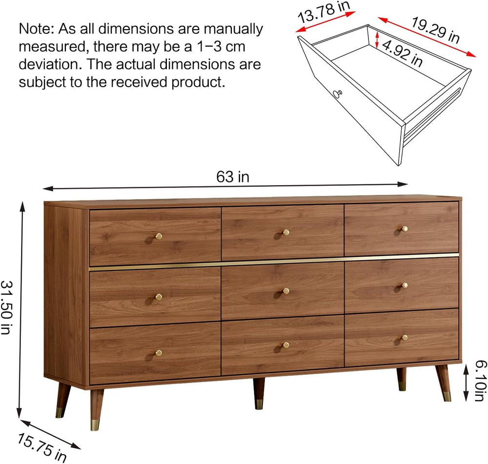 Chrangmay 9 Drawer Dresser,63" Wide Mid Century Modern Chest of Drawers,...
