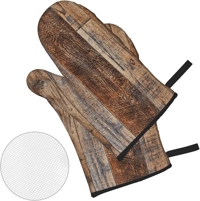 Oven Mitts and Pot Holders Sets of 4, Vintage Brown Wood Splicing Pattern - Image 3