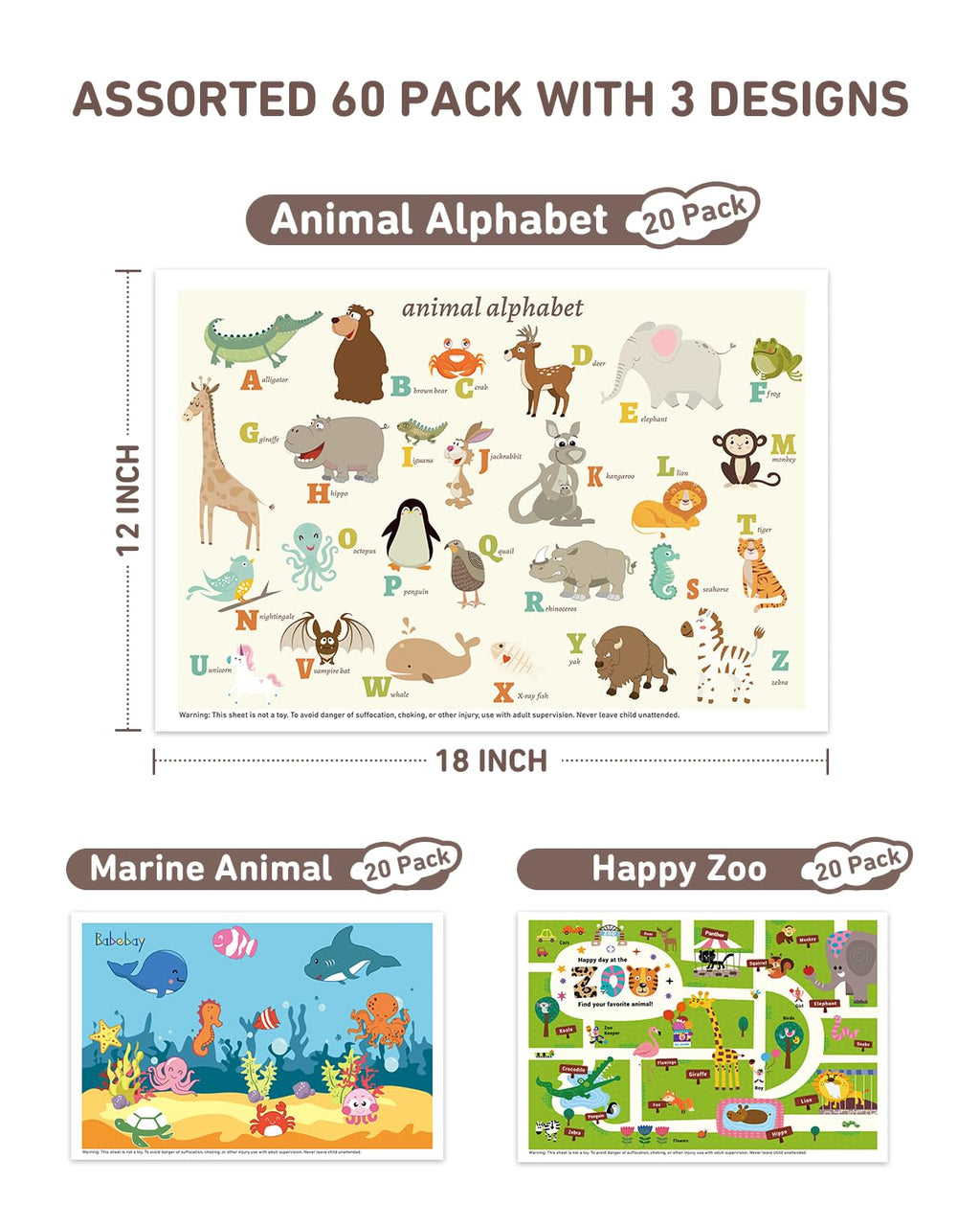 Babebay Disposable Stick-On Placemats for Baby, 60 Pack, 3 Animal Designs | Sticky Baby Table Mats, Cleaner Eating Surface, 3 Fun Animal Designs, for Babies & Toddlers, Restaurants & or on the go