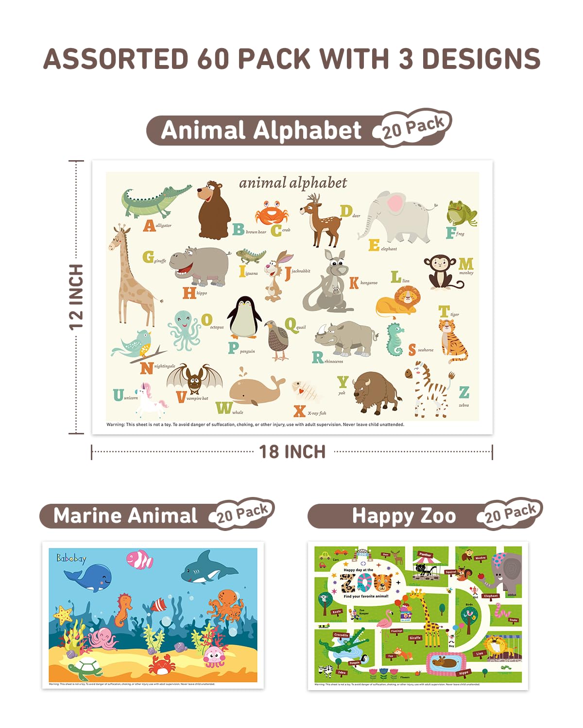 Babebay Disposable Stick-On Placemats for Baby, 60 Pack, 3 Animal Designs | Sticky Baby Table Mats, Cleaner Eating Surface, 3 Fun Animal Designs, for Babies & Toddlers, Restaurants & or on the go