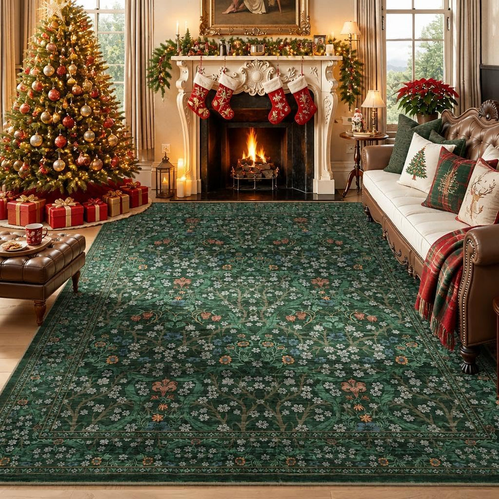 GarveeHome Dark Green Floral 8x10 Washable Area Rug Living Room Bedroom