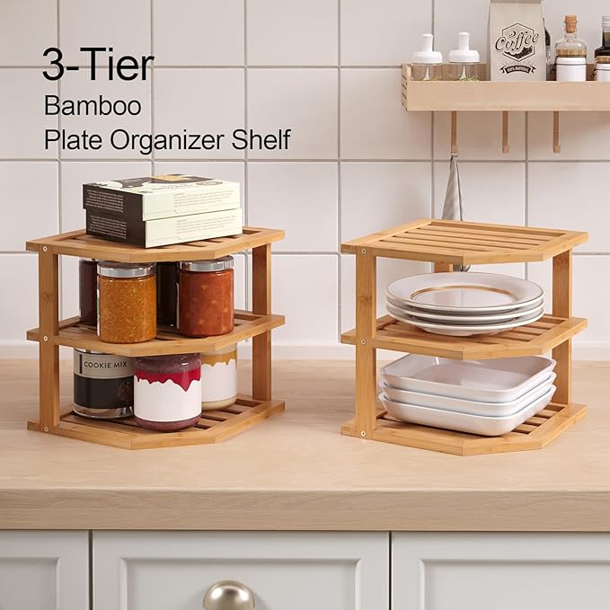 VERTORGAN 3 Tier Bamboo Corner Shelf, Plate Organizer, Dish Drying Rack - Image 4